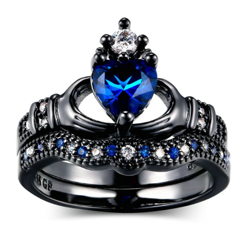 

Hand Holding Blue Crystal Heart-shaped Crown Ring Ladies Men's Couple Jewelry Gift Two In One