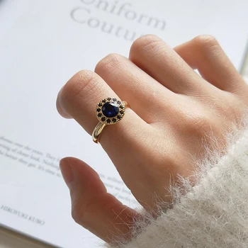 

925 Sterling Silver Micro Pave CZ Blue Zircon Stacking Sapphire Diamond Gold Cluster Gemstone September Birthstone Open Ring
