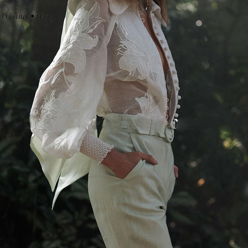 

WHITNEY WANG Blouses Woman 2019 Autumn Fashion Streetwear Florals Embroidery Blouse Women Blusas Shirt Tops