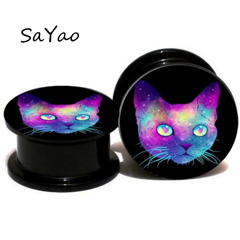 SaYao 2 Piece Ear Plug Acrylic Cat Rose Flower Flesh Tunnels Plugs Cute