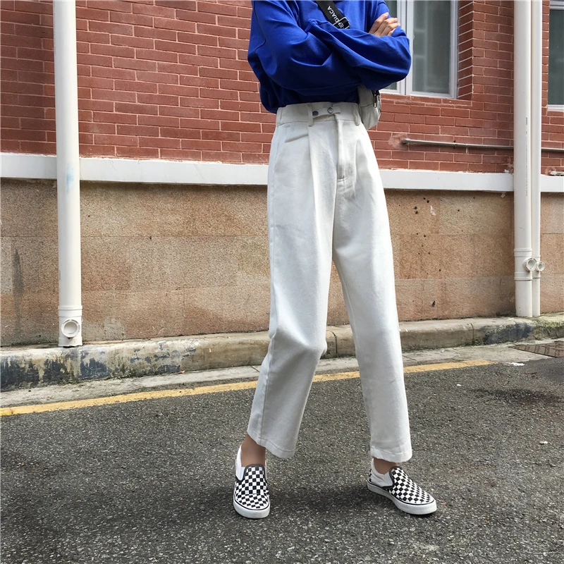 Новая весенняя Корейская версия эластичной талии две с высокой талией на пуговицах широкие прямые брюки джинсы Широкие брюки женские