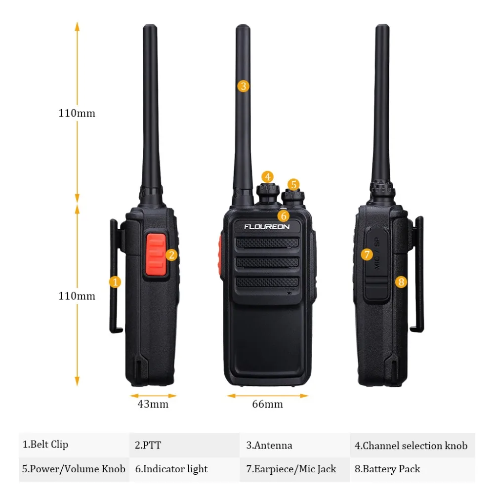 Floureon 16CH waklie рации UHF400~ 480 МГц 2-радио USB Li-Ion Батарея Перезаряжаемые 12 км переговорные нам 1 пара иди и болтай walkie talkie s