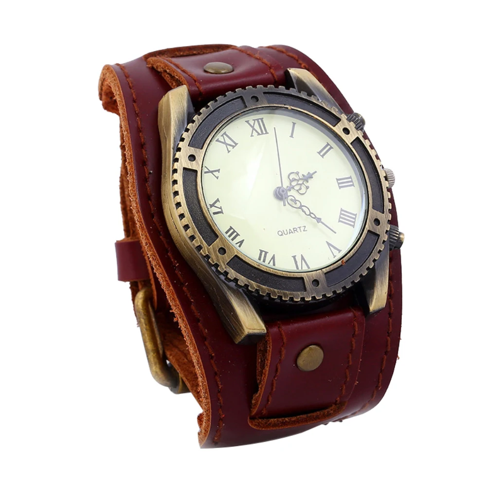 Vintage Roman Numerals Gear Faux Leather Band Men Wrist Bracelet Quartz Watch jam tangan pria zegarki meskie