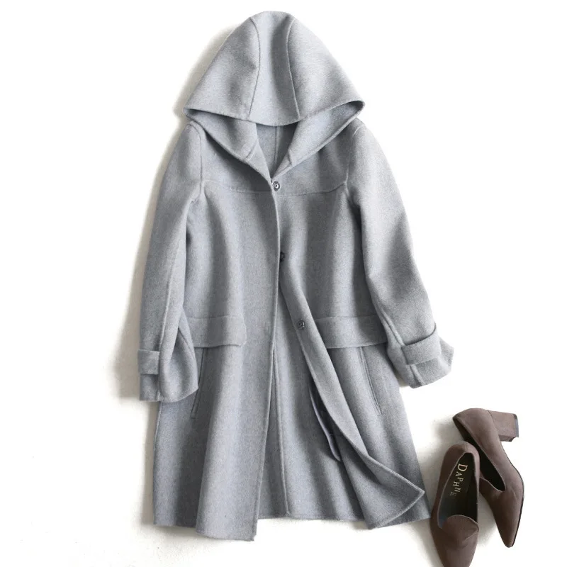 

Long Hooded Coat Jacket Women Autumn Winter Solid Color Wool Cashmere Pocket Woolen Outwear Overcoat