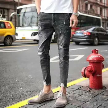 

Fall beggars pants men's holes jeans men's nine-minute pants slim toe pants students Korean fashion pants ripped jeans for men