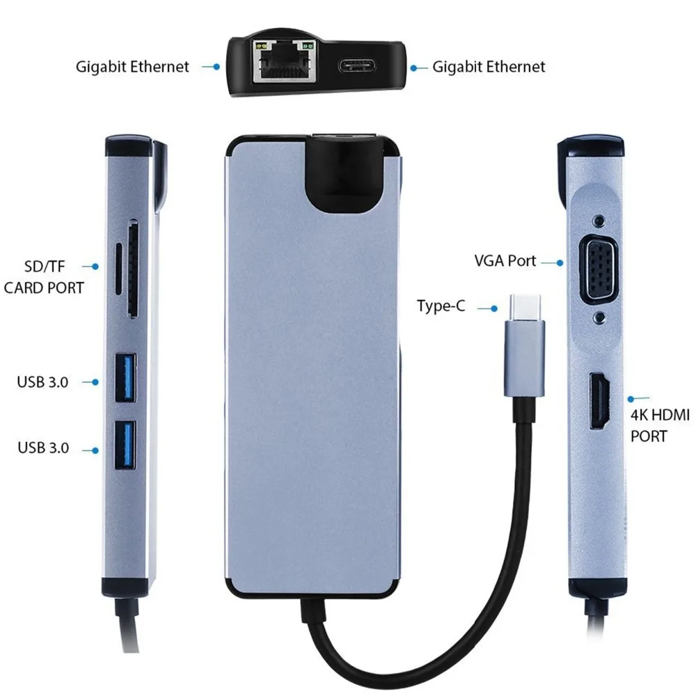 8 в 1 USB C концентратор HDMI 4 K RJ45 Gigabit Ethernet VGA порт Тип питания SD TF кард ридер для Macbook