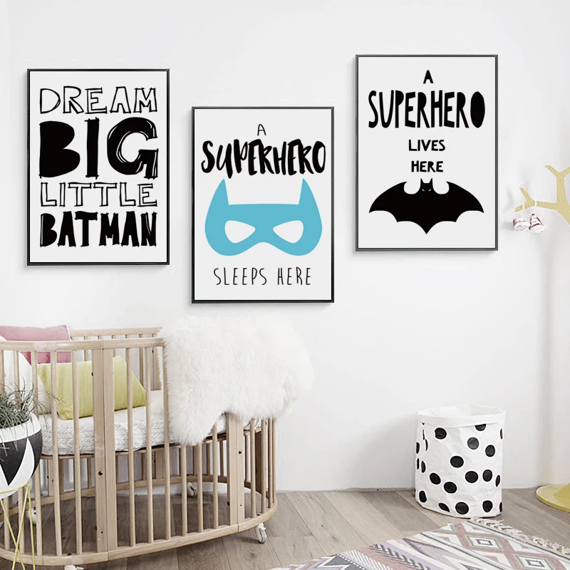 

Black and White Children Inspirational Batman Canvas Painting Art Print Poster Picture Wall Children's Room Nordic Home Decor