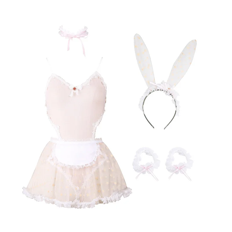 

Fairy Star Print Lace Women Rabbit Bunny Maid Cosplay Costume Party Sexy Erotic Lingerie Fancy Lace Bodysuit Jumpsuit Babydoll