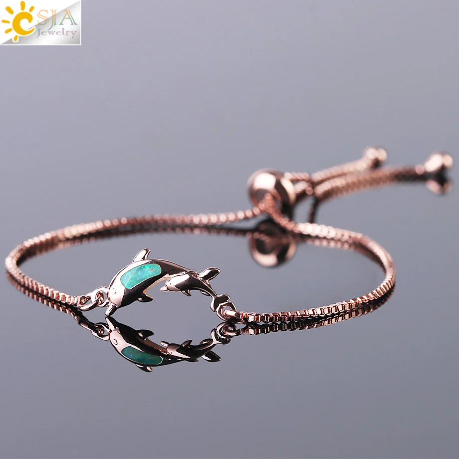 

CSJA Fire Opal Double Dolphin Animal Femme Girl Bracelets Bangles Rose Gold Color Adjustable Chain Charm Feminino Jewellery F469