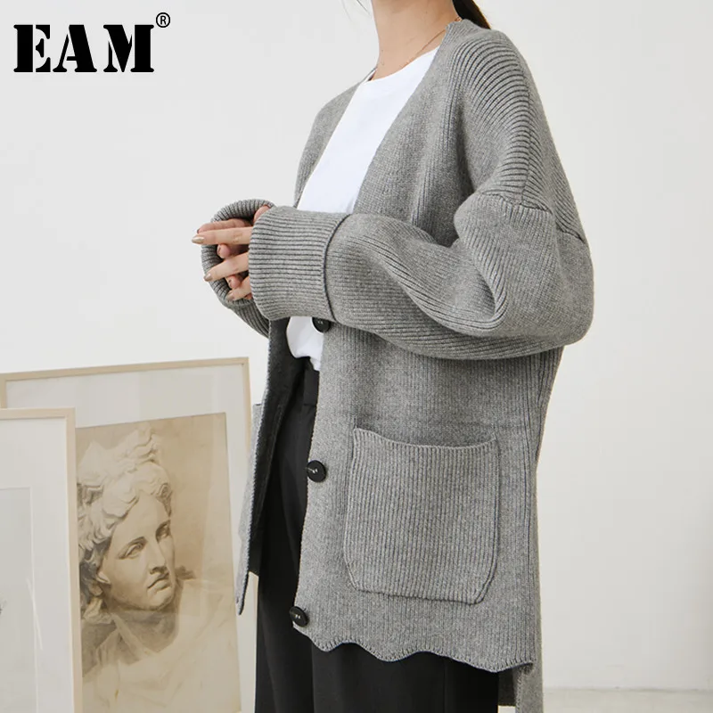 Sélections Toutes Col gray Longues Poitrine Irrégulière Printemps Le915 Manches Nouveau apricot Tricot Poches Lâche 2019 À Black Unique V eam Longueur Hiver Manteau Les vqSxHST
