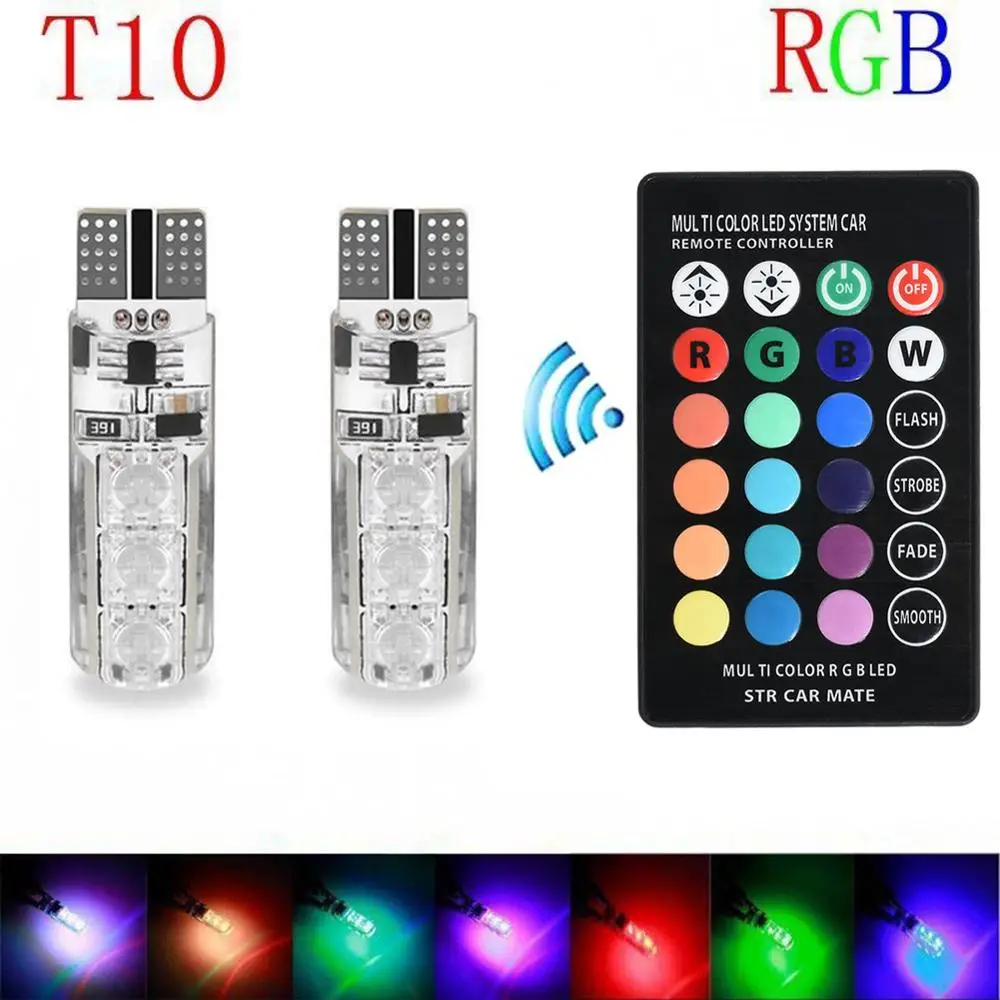 2 шт. RGB T10 W5W светодиодный 194 168 W5W 5050 SMD автомобильный купольный светильник для чтения Автомобильная клиновидная лампа RGB светодиодный светильник с пультом дистанционного управления