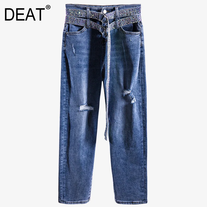 

[DEAT] 2019 New Spring Summer High Waist Pocket Double Belt Denim Crystal Casual Stitch Loose Pants Women Fashion Tide 10D296