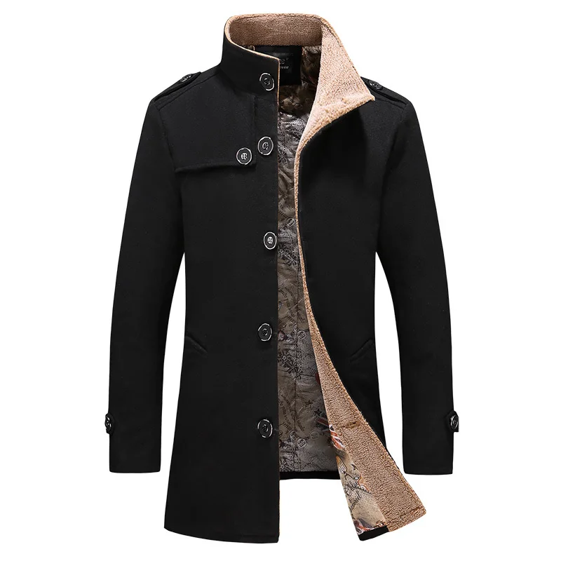 

2019 winter men's large size long windbreaker Korean version of the tide Slim casual jacket British coat Thick Fleece Black
