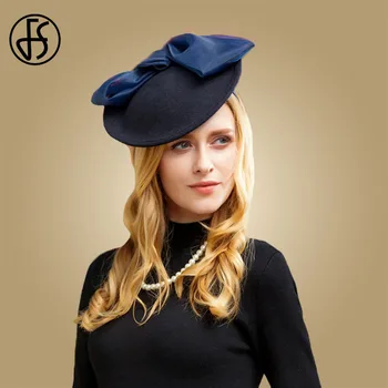 

FS Fascinators Wool Hat For Women Vintage Pillbox Hats Navy Blue Wedding Winter Felt Bow Church Fedoras Ladies Formal Hats
