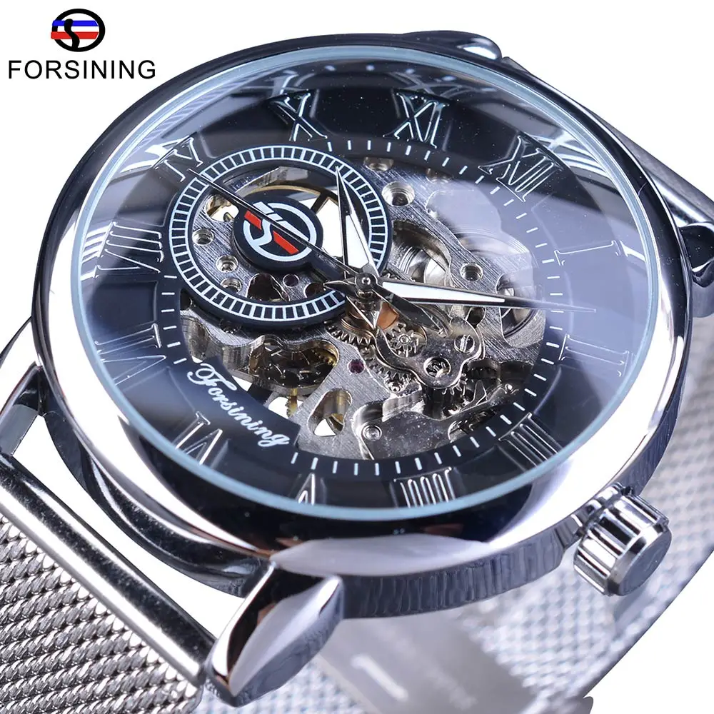 Forsining Ретро мода черный скелет спортивные часы механические часы светящиеся руки сетчатый браслет для мужчин лучший бренд роскошные часы - Цвет: GMT1040-6Small