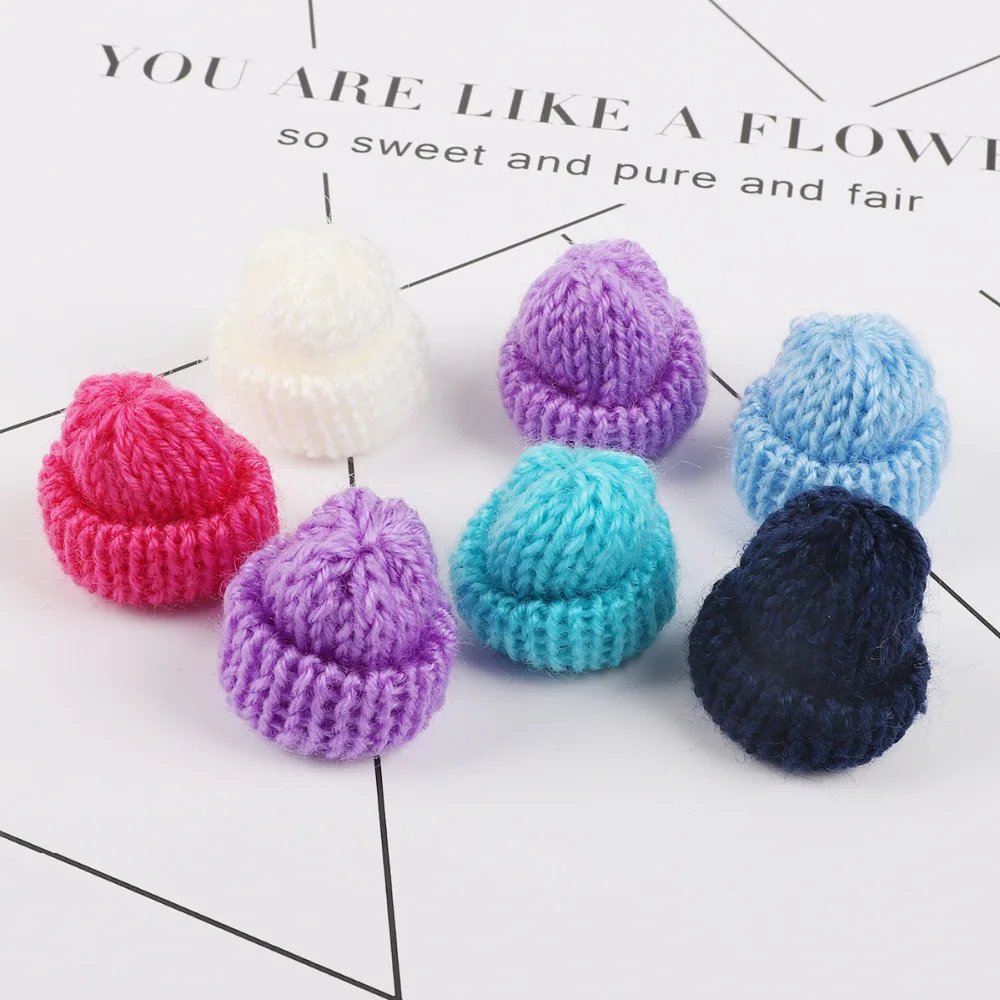 10PCS Mini Sweet Knitting Wool Hat Candy Color DIY Kids Hair Accessories Handmade Cute Woolen Yarn Hat for Clothing Decoration