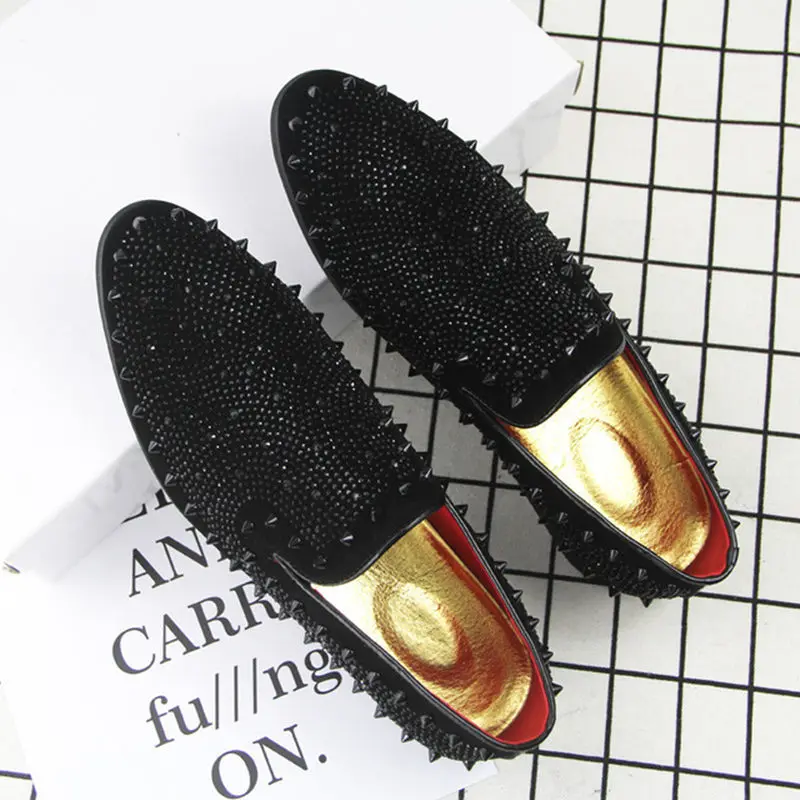 Black Suede Men Party Wedding Ventilation Casual Studded Shoes Sapato Masculino Metal Toe Men'S Flat Loafers Smoking Shoes Black Suede Men Party Wedding Ventilation Casual Studded Shoes Sapato Masculino Metal Toe Men'S Flat Loafers Smoking Shoes