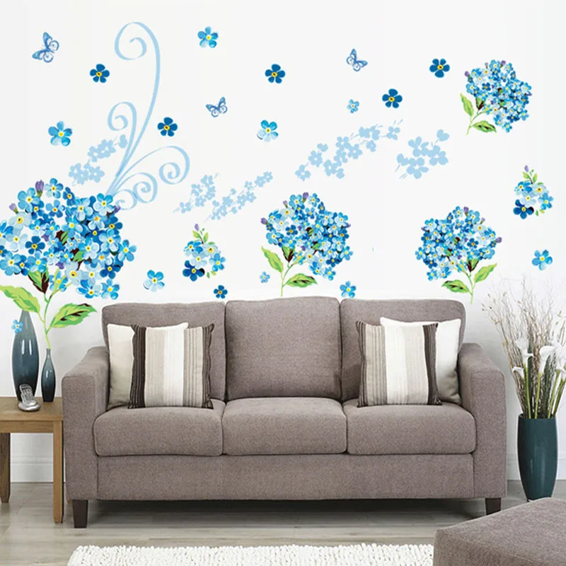 Very beautiful Blue flowers wall sticker PVC material DIY wall decal For Living room TV sofa