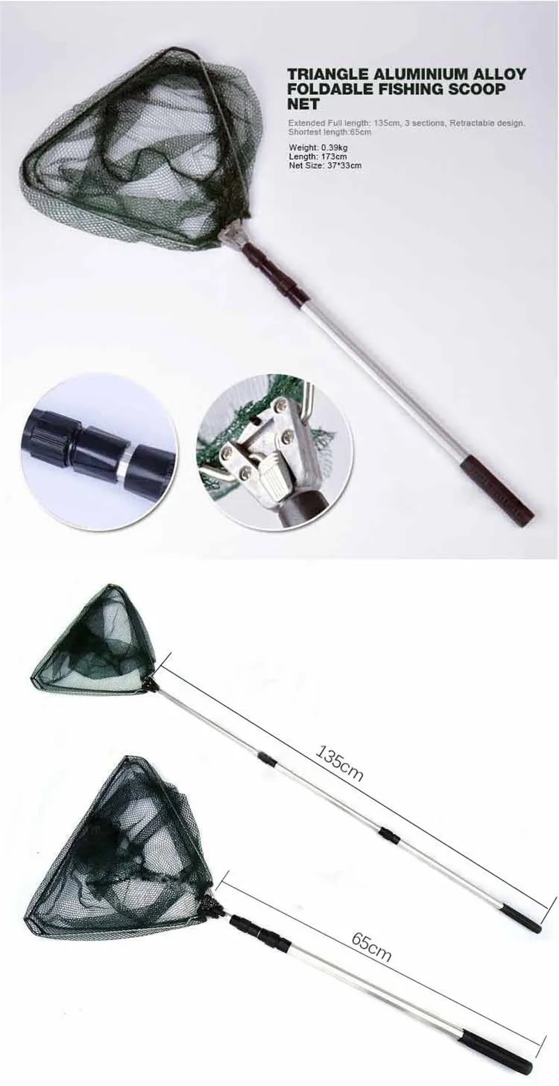 Portable Triangular Brail Folding Fishing Net Landing Net 3 Section Extendable Aluminium Pole Handle 65-173cm Fishing Tackle (8)
