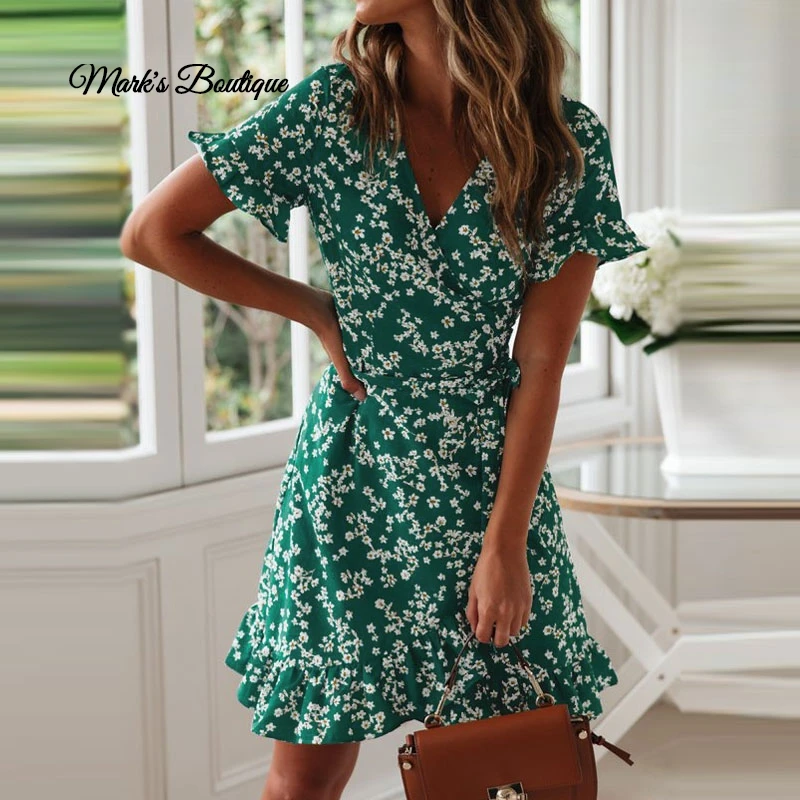 Богемные женские летние платья Boho с цветочным принтом шифоновое пляжное платье