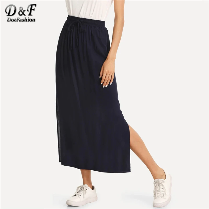 

Dotfashion Navy Solid Knot Split Side Column Skirt Women 2019 Elegant Spring Autumn Casual Fashion Korean Style Skirt