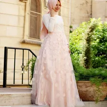 Dubai Arabic Muslim Evening Dresses Long Sleeves Flowers High Neck with Hijab Moroccan Prom Party Gowns 2016 Elegant Custom