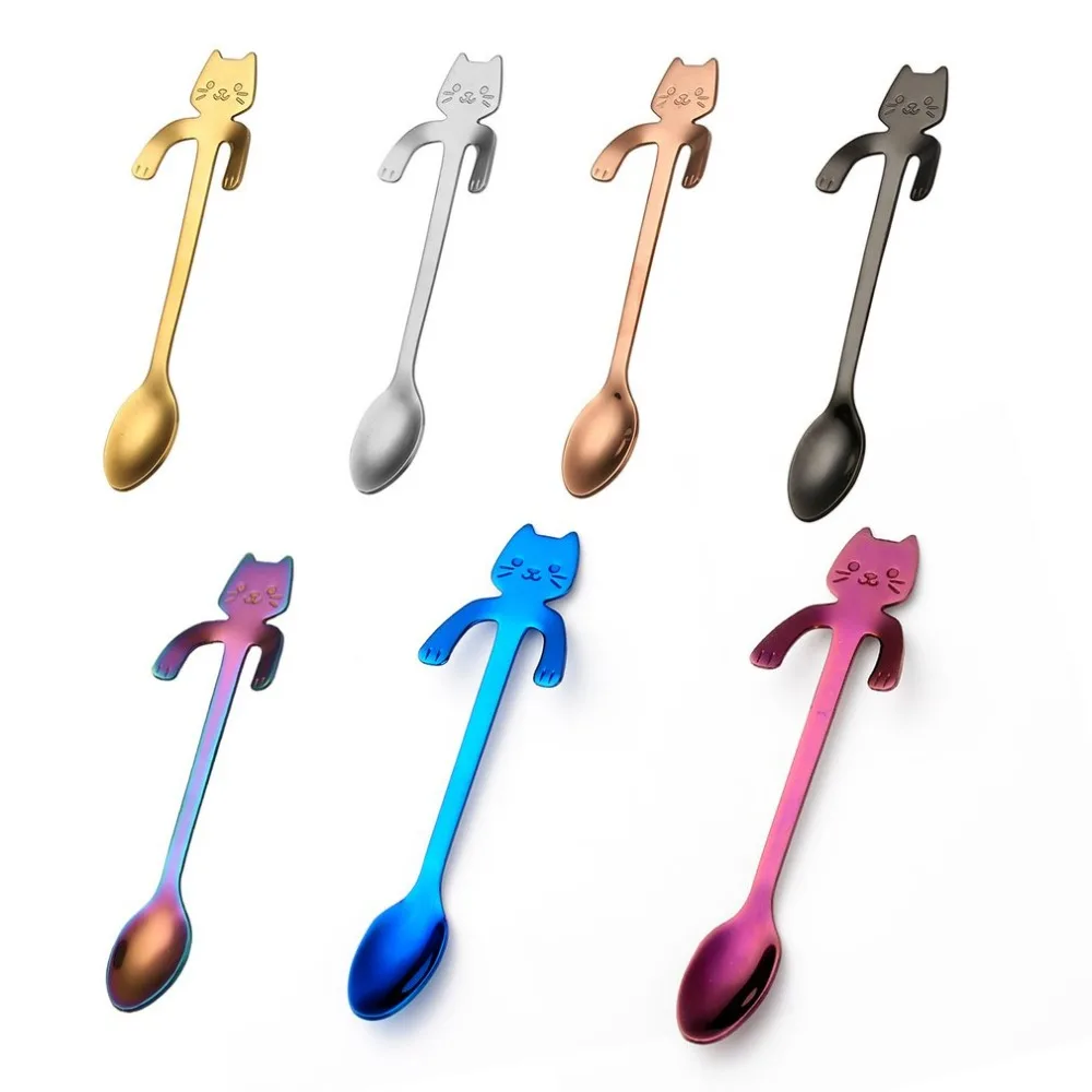 

New 1pcs Cute Cat Spoons Long Handle Hanging Spoon Coffee Milk Stainless Steel Spoon Flatware Kitchen Tools for Kids Gifts