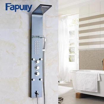 

Fapully Stainless Steel Rain Waterfall Shower Panel Wall Mounted Thermostatic Faucet with Jets Handshower Shower Set Column