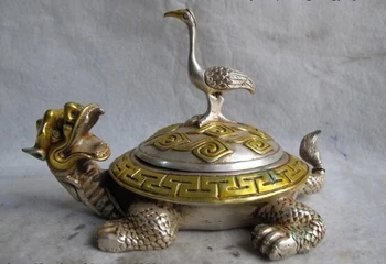 

song voge gem S0161 Chinese classical White Copper Silver Gilt Dragon tortoise crowned crane Statue