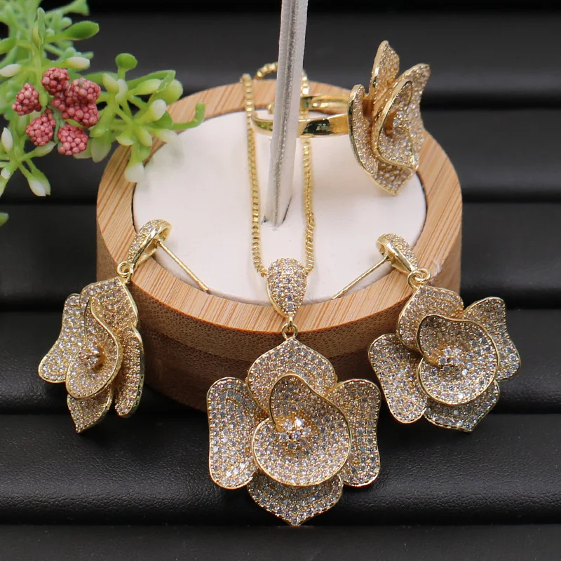 

Fateama Jewelry Set Irregular Artistic Flower Full Plated Necklace with Earrings and Ring Wedding Engagement Popular Best Gifts
