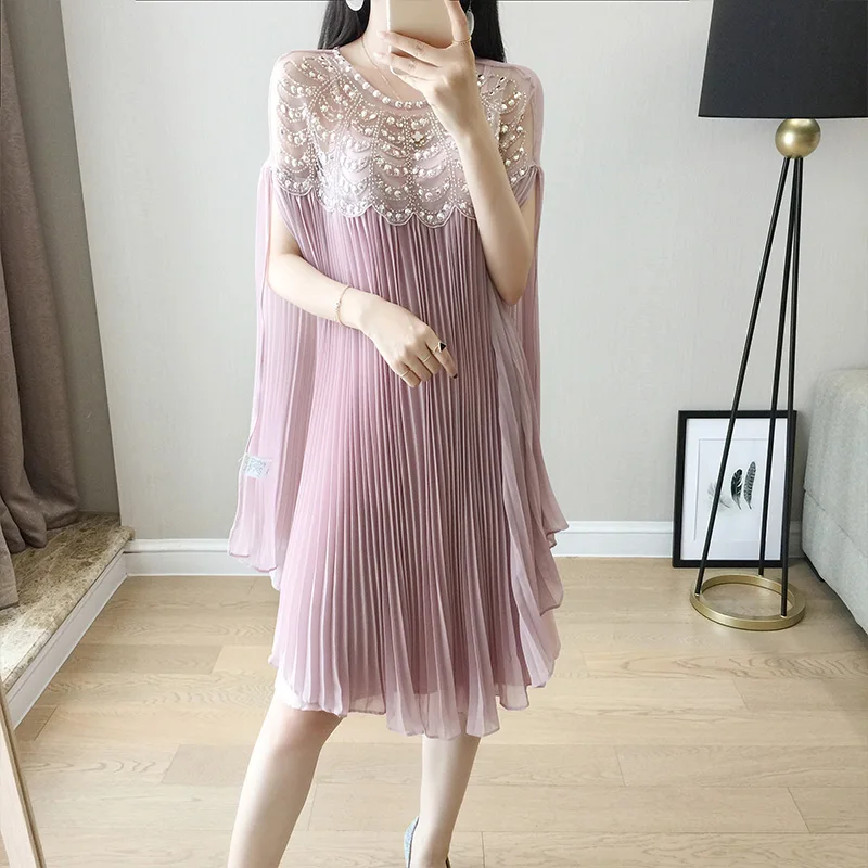 

2022 Summer Dress Zanzea Dress Top Fashion Solid Short Beading Knee-length Natural 2019 New Women's Pleated Cloak Chiffon Woman