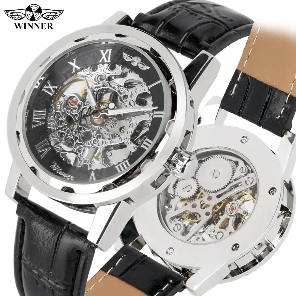 

Business Skeleton Watch Mechanical for Men Silver Case Watch for Teenagers Casual Hand-Wind Mechanical Watches for Boy
