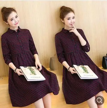 High Waist Plaid Maternity Clothes 2019 Spring Autumn Turn-down Collar Literary Long Pregnancy Dress for Pregnant Women QL6925