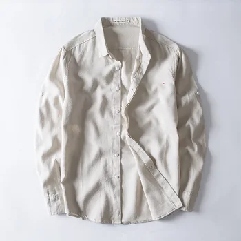 

2020 new men cotton and linen collar shirt with long sleeves pure color linen shirt