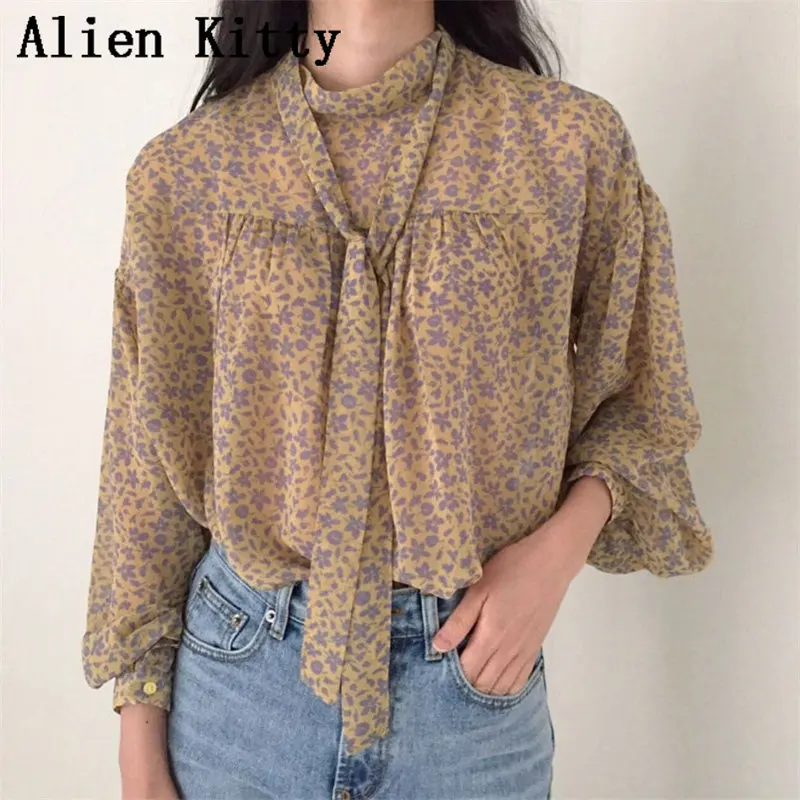 

Alien Kitty New Female Print Loose Elegant Summer Spring Puff Sleeves Lace Up Casual Sweet Slim O-Neck All-Match Free Shirt