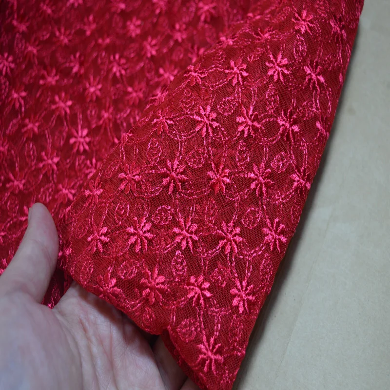 

Free shiping 90cm width 1YD shiny silk red floral mesh lace fabric for garments and wedding decoration-17022610