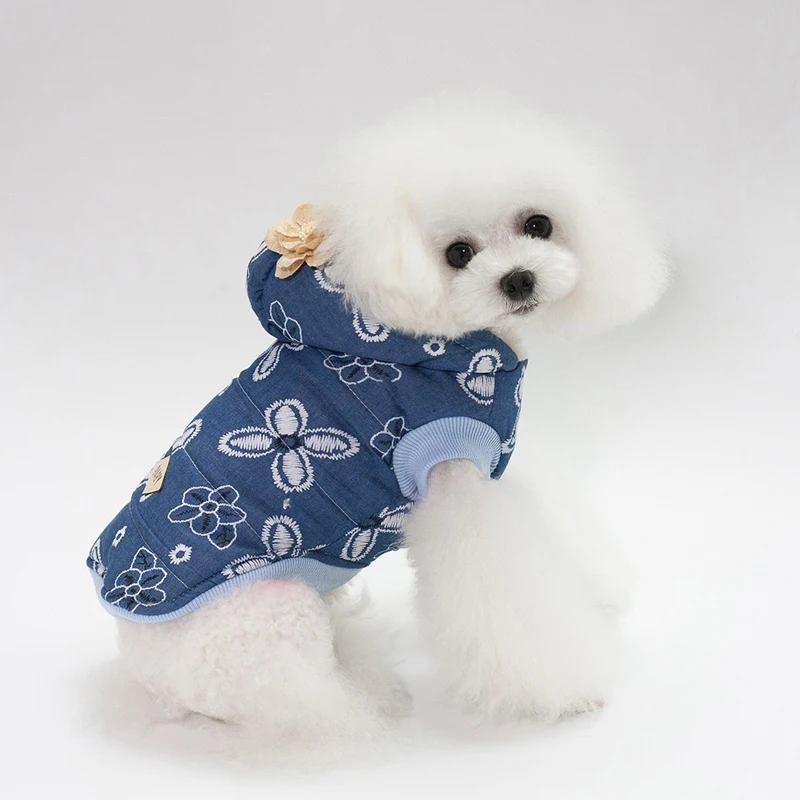Милый цветок собака пальто с капюшоном джинсовая куртка для девочек; зимняя одежда для собак из плотных материалов для малых и средних собак собаки Йорки одежда для бульдога щенок наряды