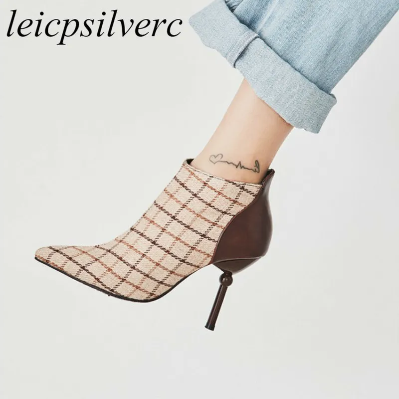 Women Boots Autumn Winter Super High Heel Warm Flock Pointed Toe Zip Ankle Chelsea Shoes 2018 Sexy New Fashion Casual Blue Brown | Обувь