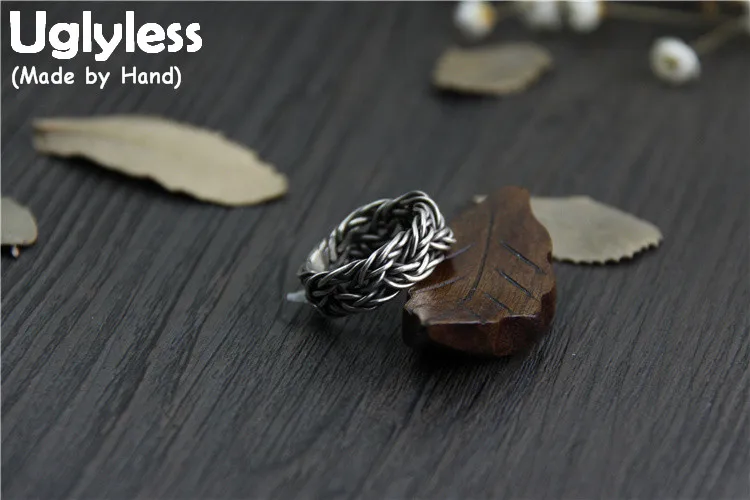 

Uglyless Real S 999 Fine Jewelry Vulcanized Black Thai Silver Open Finger Rings Women Vintage Ethnic Twisted Ring Weave Bijoux
