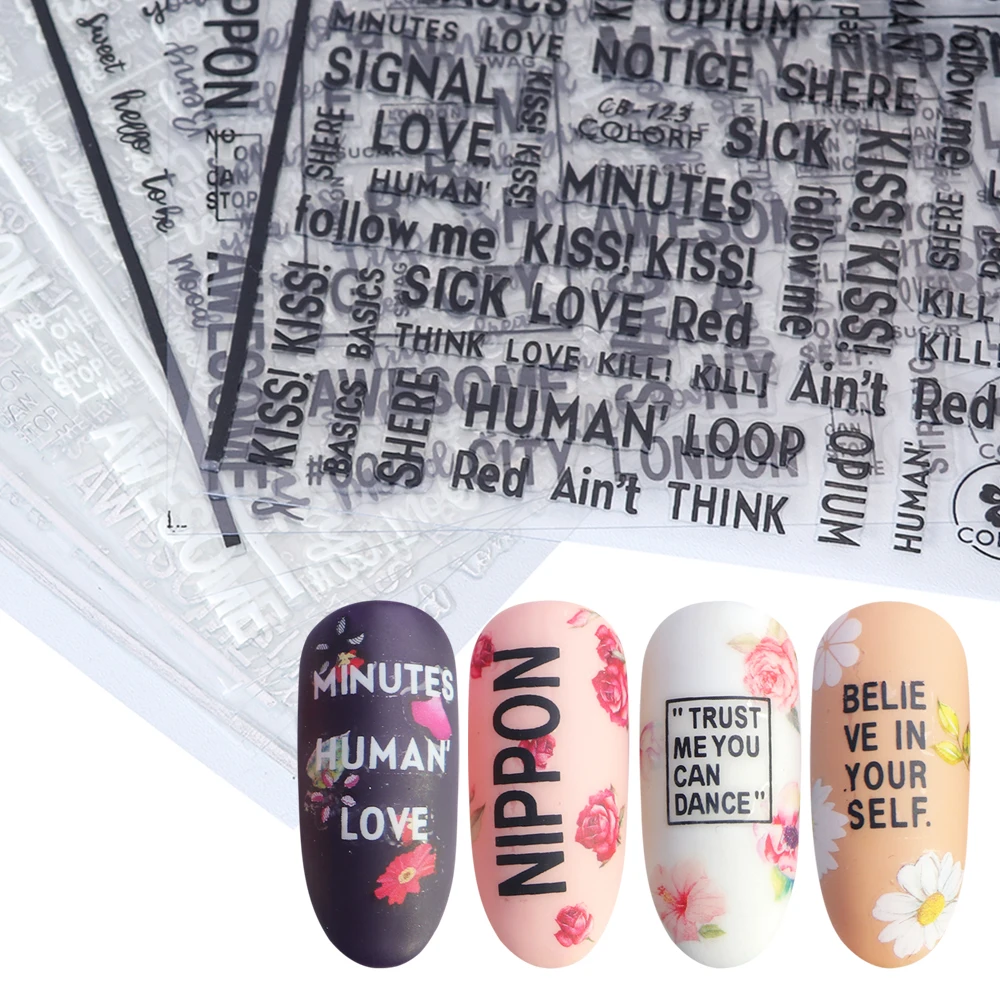 

1pc Hollow Letters Nail Art Stickers 3D Black White Silver Adhesive Decal Nail Wrap Decor Tips New Style Accessories LACB122-124