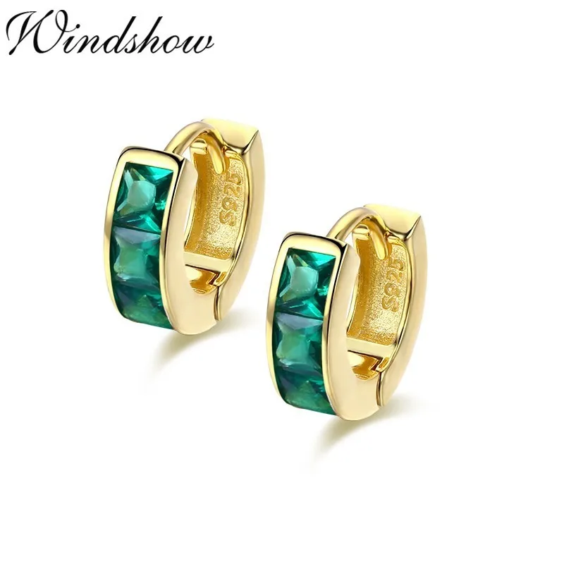 

925 Sterling Silver Green Square CZ Circles Small Loops Huggie Hoops Earrings For Women Jewelry Kids Girls Aros Artes Orecchini