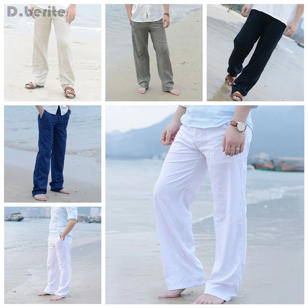 Mens Linen Loose Pants Beach Drawstring Casual Long Slacks Trousers ...