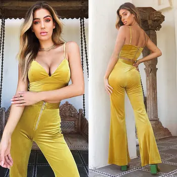 

BKLD Two Piece Clothing Sets 2018 Fashion Women Velvet Tracksuit Sexy Casual Sleeveless Crop Tank Top And High Waist Flare Pants