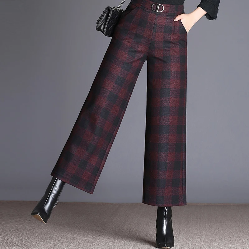 Winter Fall England Style Women Plaid Vintage High Waist Wide Leg ...