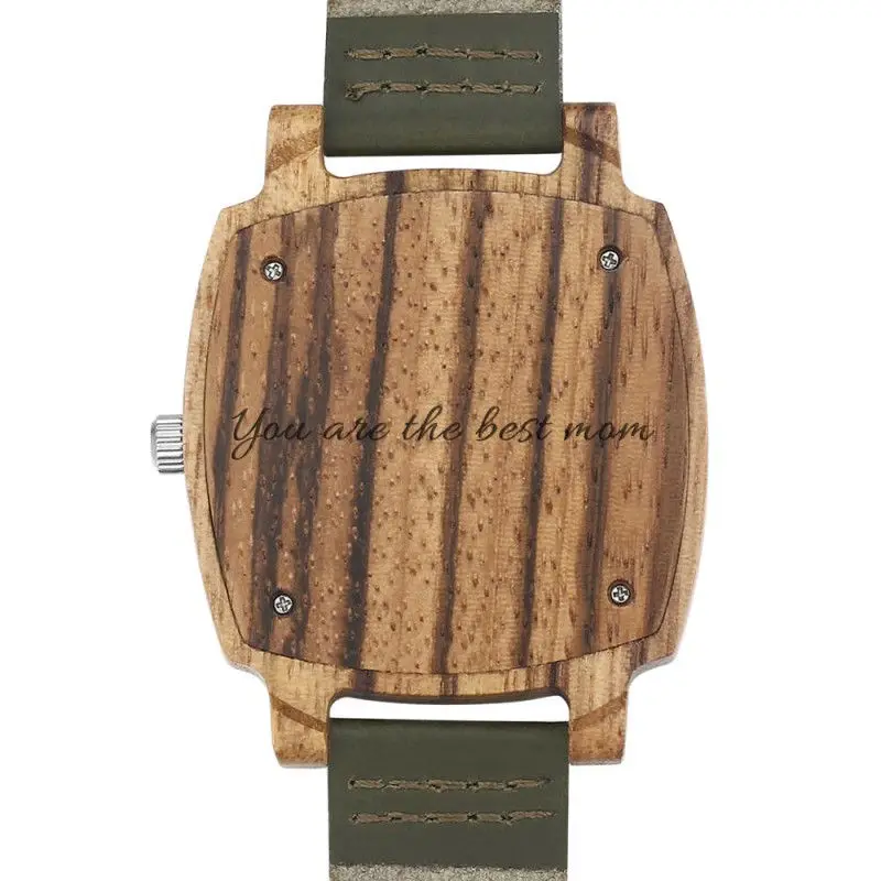 Для мужчин выгравированы бамбука фото часы темно зеленый кожаный ремешок индивидуальный заказ дизайн Принт по требованию дропшиппинг Shopify