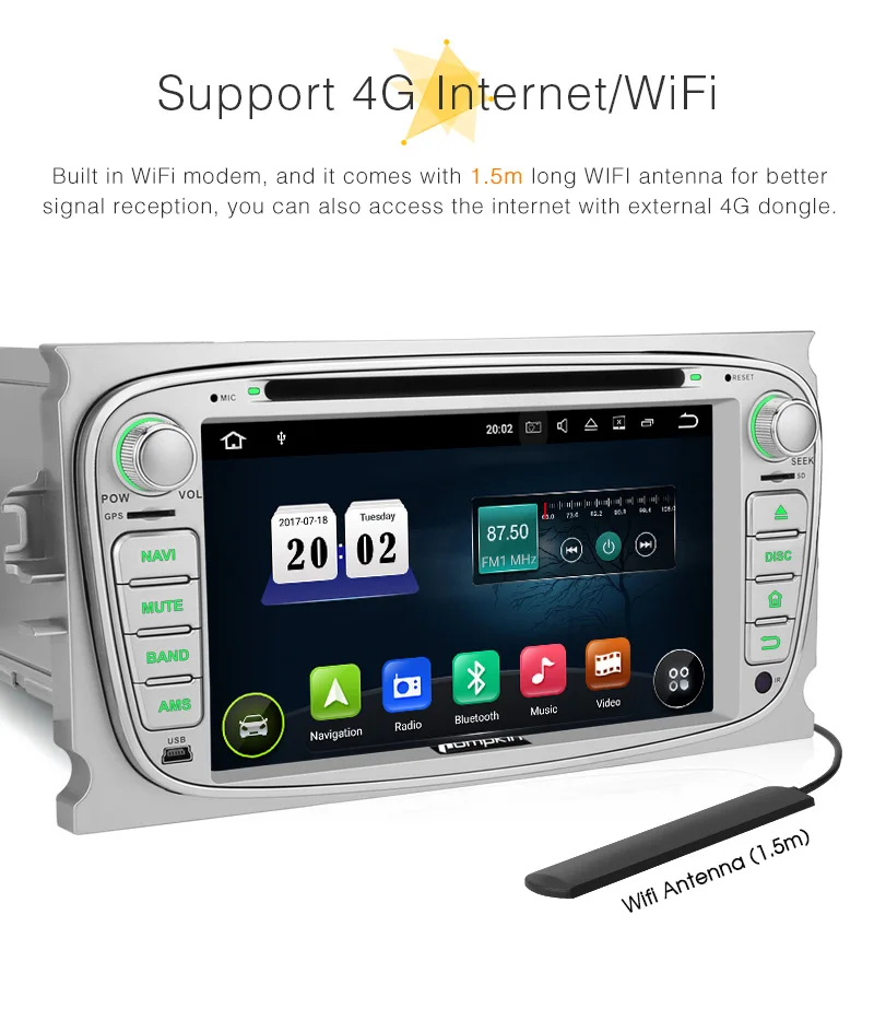 Best Pumpkin 2 Din 7"Android 8.0 Qcta-Core 4G RAM 32G ROM Car Radio Audio DVD Player GPS Navigation Car Stereo For Ford Focus/ Mondeo 10