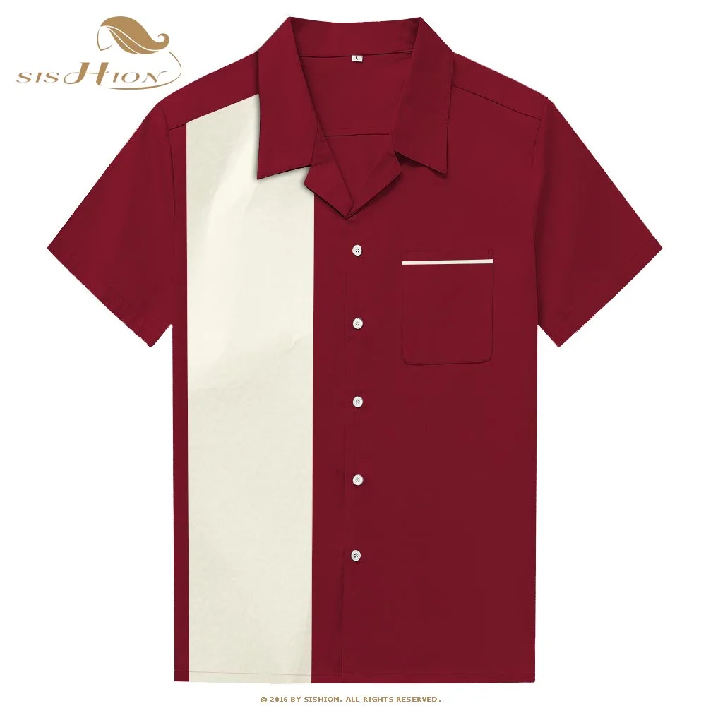 

SISHION 50's Vintage Inspired Button Up Retro Men Shirt ST110 Red Brown Cotton Pocket Casual Shirts camisa masculina