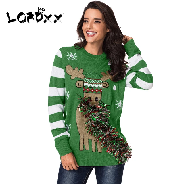 LORDXX Winter Ugly christmas sweater Women Green Festive Reindeer Holiday Sweaters woman