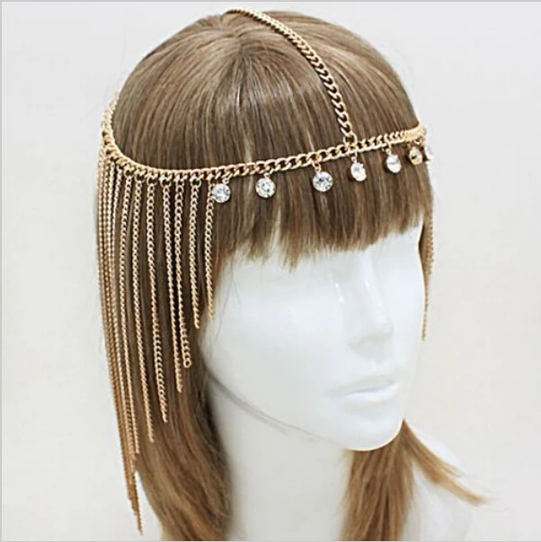 New Rhinestone Tassel Forehead Bohemian Hair Head Side Wave Chain