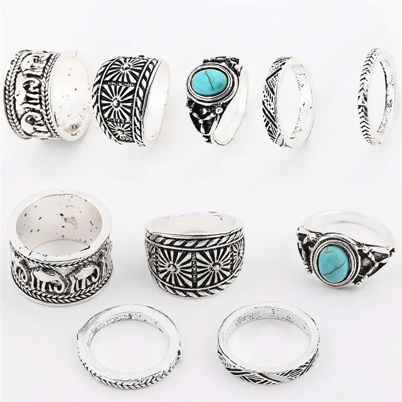 Plating ancient silver rings for women 5pcs/set Punk women ring geometric Vintage party ring bijoux bagues jewelery